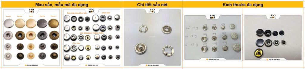 Cúc 4 thành phần kim loại, các loại chân cúc và màu 